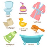 Equipos del vector del cuarto de baño de la historieta Retrete, fregadero y bañera libre illustration Equipos del vector del cuarto de baño de la historieta Retrete, fregadero y bañera libre illustration