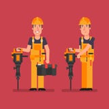 Erbauer hält Jackhammer hält Koffer und lächelt vektor abbildung Erbauer hält Jackhammer hält Koffer und lächelt vektor abbildung