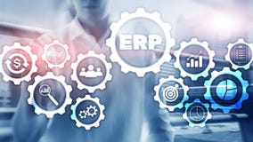 ERP system, Enterprise resource planning on blurred background. Business automation and innovation concept. stock illustration ERP system, Enterprise resource planning on blurred background. Business automation and innovation concept. stock illustration