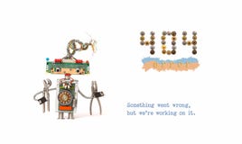 404 error page not found. Handyman robot with pliers on white background. Text message Something went wrong but we are royalty free stock photography 404 error page not found. Handyman robot with pliers on white background. Text message Something went wrong but we are royalty free stock photography
