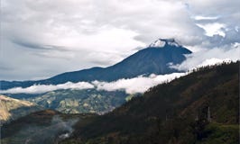Eruption of a volcano Tungurahua and town Banos de Agua Santa in