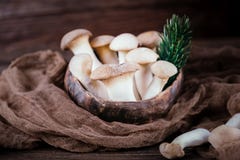 Eryngii van de paddestoelenpleurotus van de koningsoester op de houten achtergrond Rustieke stijl stock foto Eryngii van de paddestoelenpleurotus van de koningsoester op de houten achtergrond Rustieke stijl stock foto