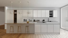 Esboço inacabado do projeto da cozinha branca e de madeira minimalista moderna com ilha e a janela panorâmico grande, parquet, lâ imagens de stock Esboço inacabado do projeto da cozinha branca e de madeira minimalista moderna com ilha e a janela panorâmico grande, parquet, lâ imagens de stock