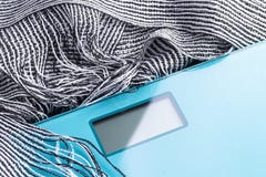 Escalas para o peso corporal de medição ao fazer dieta com um lenço bonito imagens de stock Escalas para o peso corporal de medição ao fazer dieta com um lenço bonito imagens de stock
