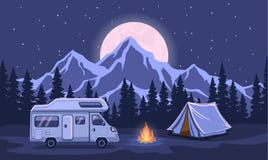 Escena de la tarde de la noche de la aventura de la familia que acampa libre illustration Escena de la tarde de la noche de la aventura de la familia que acampa libre illustration