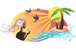Escena del verano, puesta del sol de observación de la muchacha en la playa stock de ilustración Escena del verano, puesta del sol de observación de la muchacha en la playa stock de ilustración