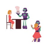 Escenas planas de la interacción de la gente de los robots del vector fijadas stock de ilustración Escenas planas de la interacción de la gente de los robots del vector fijadas stock de ilustración