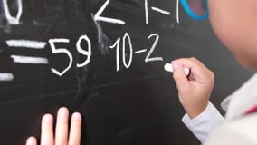 Escritura linda del niño pequeño en la pizarra Niño de la escuela primaria con el bolso Concepto de la educaci?n De nuevo a escue metrajes Escritura linda del niño pequeño en la pizarra Niño de la escuela primaria con el bolso Concepto de la educaci?n De nuevo a escue metrajes