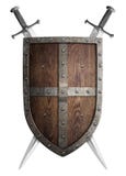 Escudo medieval de madera viejo y dos del cruzado imagen de archivo libre de regalías Escudo medieval de madera viejo y dos del cruzado imagen de archivo libre de regalías