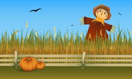 Espantapájaros de la cosecha del otoño en campo con dos calabazas Bandera del vector stock de ilustración Espantapájaros de la cosecha del otoño en campo con dos calabazas Bandera del vector stock de ilustración