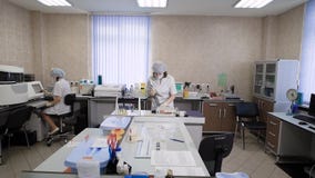 Especialistas que trabalham no laboratório Fêmeas no uniforme branco que trabalha com análises no laboratório clínico filme Especialistas que trabalham no laboratório Fêmeas no uniforme branco que trabalha com análises no laboratório clínico filme