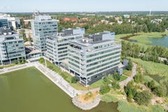 Aerial view of Neste Corporation head office building in summer
