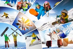 Esportes de inverno do snowboard do esqui da colagem do mosaico imagem de stock Esportes de inverno do snowboard do esqui da colagem do mosaico imagem de stock
