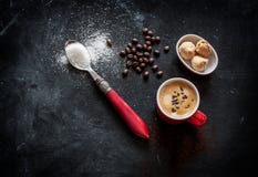 Espresso coffee and cookies on black cafe table stock images Espresso coffee and cookies on black cafe table stock images