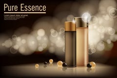 Essence contained, ads, gold and bronze translucent glass bottle template royalty free illustration Essence contained, ads, gold and bronze translucent glass bottle template royalty free illustration