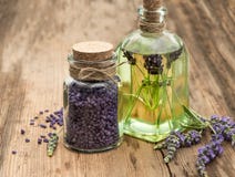 Essential lavender oil, herbal soap and bath salt royalty free stock photography Essential lavender oil, herbal soap and bath salt royalty free stock photography