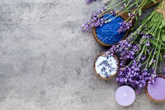 Essential lavender salt with flowers top view stock photo Essential lavender salt with flowers top view stock photo