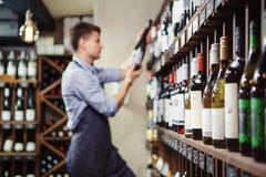 Estantes con el vino de la élite y el sommelier joven pensativo defocused imagen de archivo libre de regalías Estantes con el vino de la élite y el sommelier joven pensativo defocused imagen de archivo libre de regalías