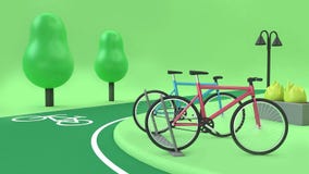 Estação da bicicleta com estilo poli dos desenhos animados da rendição das árvores 3d do ponto baixo dos parques 3d do verde da p imagens de stock royalty free Estação da bicicleta com estilo poli dos desenhos animados da rendição das árvores 3d do ponto baixo dos parques 3d do verde da p imagens de stock royalty free