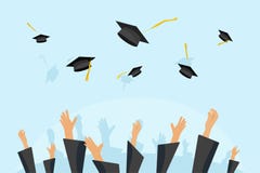 Estudantes de graduação ou mãos do aluno em tampões de jogo no ar, chapéus acadêmicos de voo da graduação do vestido, almofariz d ilustração royalty free Estudantes de graduação ou mãos do aluno em tampões de jogo no ar, chapéus acadêmicos de voo da graduação do vestido, almofariz d ilustração royalty free