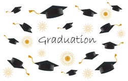 Estudiantes de graduación o manos felices del alumno en casquillos de la graduación que lanzan en el ai stock de ilustración Estudiantes de graduación o manos felices del alumno en casquillos de la graduación que lanzan en el ai stock de ilustración