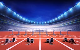 Estádio do atletismo com autódromo com blocos e obstáculos começar fotos de stock royalty free Estádio do atletismo com autódromo com blocos e obstáculos começar fotos de stock royalty free