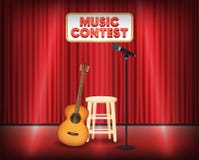 Etapa de la competencia de la música con la guitarra y el micrófono ilustración del vector Etapa de la competencia de la música con la guitarra y el micrófono ilustración del vector