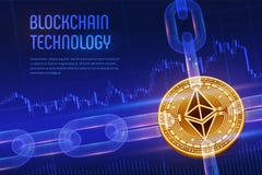 Ethereum. Crypto currency. Block chain. 3D isometric Physical golden Ethereum coin with wireframe chain on blue financial backgrou