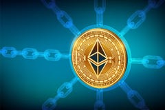 Ethereum Moeda cripto Corrente de bloco moeda física isométrica de 3D Ethereum com corrente do wireframe Conceito de Blockchain G ilustração royalty free Ethereum Moeda cripto Corrente de bloco moeda física isométrica de 3D Ethereum com corrente do wireframe Conceito de Blockchain G ilustração royalty free