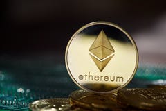 Ethereum On The Pile Of Cryptocurrency On Wooden Table As Most Important Cryptocurrency Concept. Stock Images