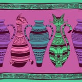 Ethnisches nahtloses Muster mit ornated Katzen und Vase stock abbildung Ethnisches nahtloses Muster mit ornated Katzen und Vase stock abbildung