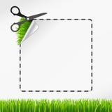 Etiqueta engomada del corte de las tijeras. Hierba verde stock de ilustración Etiqueta engomada del corte de las tijeras. Hierba verde stock de ilustración
