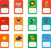 Etiquetas de la escuela con los animales lindos Cocodrilo, elefante, león, serpiente y más ilustración del vector Etiquetas de la escuela con los animales lindos Cocodrilo, elefante, león, serpiente y más ilustración del vector