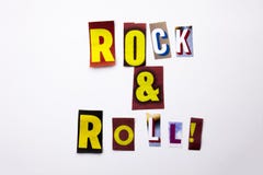 Ett begrepp för visning för ordhandstiltext av Rock - och - rulle som göras av den olika tidskrifttidningsbokstaven för affärsfal Royaltyfria Foton Ett begrepp för visning för ordhandstiltext av Rock - och - rulle som göras av den olika tidskrifttidningsbokstaven för affärsfal Royaltyfria Foton