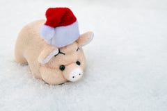 Ett mjukt leksaksvin i en röd Santa Claus hatt på vit nytt stupad snö kopiera avstånd Symbol av det nya året 2019 arkivfoto Ett mjukt leksaksvin i en röd Santa Claus hatt på vit nytt stupad snö kopiera avstånd Symbol av det nya året 2019 arkivfoto