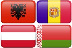 European Flag Buttons: Albania, Andorra, Austria, Royalty Free Stock Photography European Flag Buttons: Albania, Andorra, Austria, Royalty Free Stock Photography