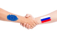European Union and Russia hands shaking with flags royalty free stock photography European Union and Russia hands shaking with flags royalty free stock photography