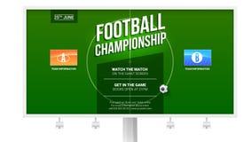 Europese voetbal, voetbaladvertentie op aanplakbord Malplaatje voor spelkampioenschap Hoogste mening van groen voetbalgebied met vector illustratie Europese voetbal, voetbaladvertentie op aanplakbord Malplaatje voor spelkampioenschap Hoogste mening van groen voetbalgebied met vector illustratie
