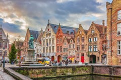 Evening View On Jan Van Eyck Monument From Spinolarei, Bruges, Belgium Royalty Free Stock Photo Evening View On Jan Van Eyck Monument From Spinolarei, Bruges, Belgium Royalty Free Stock Photo
