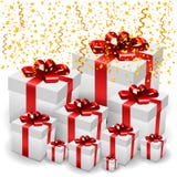 3D Present Boxes with Golden Confetti. Vector Illustration stock illustration 3D Present Boxes with Golden Confetti. Vector Illustration stock illustration