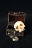 An evil human skull with a pocket watch on a pirate treasure chest on a black background stock photography An evil human skull with a pocket watch on a pirate treasure chest on a black background stock photography