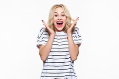 Excitation et stupéfaction Jeune femme attirante criant avec joie, avec des yeux pleins du bonheur, excité photos libres de droits Excitation et stupéfaction Jeune femme attirante criant avec joie, avec des yeux pleins du bonheur, excité photos libres de droits