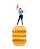 Young sport woman holding gold medal standing on big burger. Stock Images Young sport woman holding gold medal standing on big burger. Stock Images
