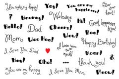 Expressions, interjections et mots d'exclamation pour pour la couverture, affiche, T-shirt Calibres des textes de carte de voeux Image libre de droits Expressions, interjections et mots d'exclamation pour pour la couverture, affiche, T-shirt Calibres des textes de carte de voeux Image libre de droits