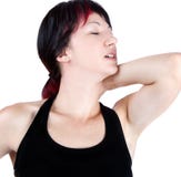 Expressive portrait of woman who has neck pain stock photography Expressive portrait of woman who has neck pain stock photography