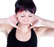 Expressive portrait of woman who has neck pain stock photo Expressive portrait of woman who has neck pain stock photo