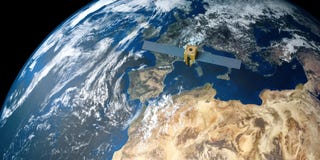 Extremely detailed and realistic high resolution 3D image of a satellite orbiting Earth. Shot from space stock image Extremely detailed and realistic high resolution 3D image of a satellite orbiting Earth. Shot from space stock image