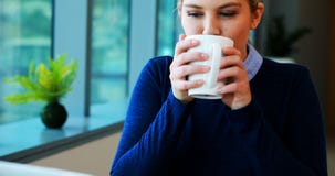 Exécutif femelle à l'aide de l'ordinateur portable tout en ayant le café clips vidéos Exécutif femelle à l'aide de l'ordinateur portable tout en ayant le café clips vidéos