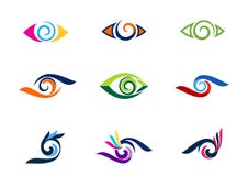Eye vision logo, fashion, eyelashes, collection swirl eyes logos, circle optic illustration symbol, sphere vortex icon vector