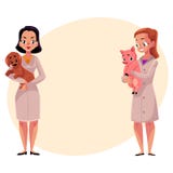Żeńscy weterynarzi, weterynarzi trzyma psa i świni w medycznych żakietach ilustracja wektor Żeńscy weterynarzi, weterynarzi trzyma psa i świni w medycznych żakietach ilustracja wektor
